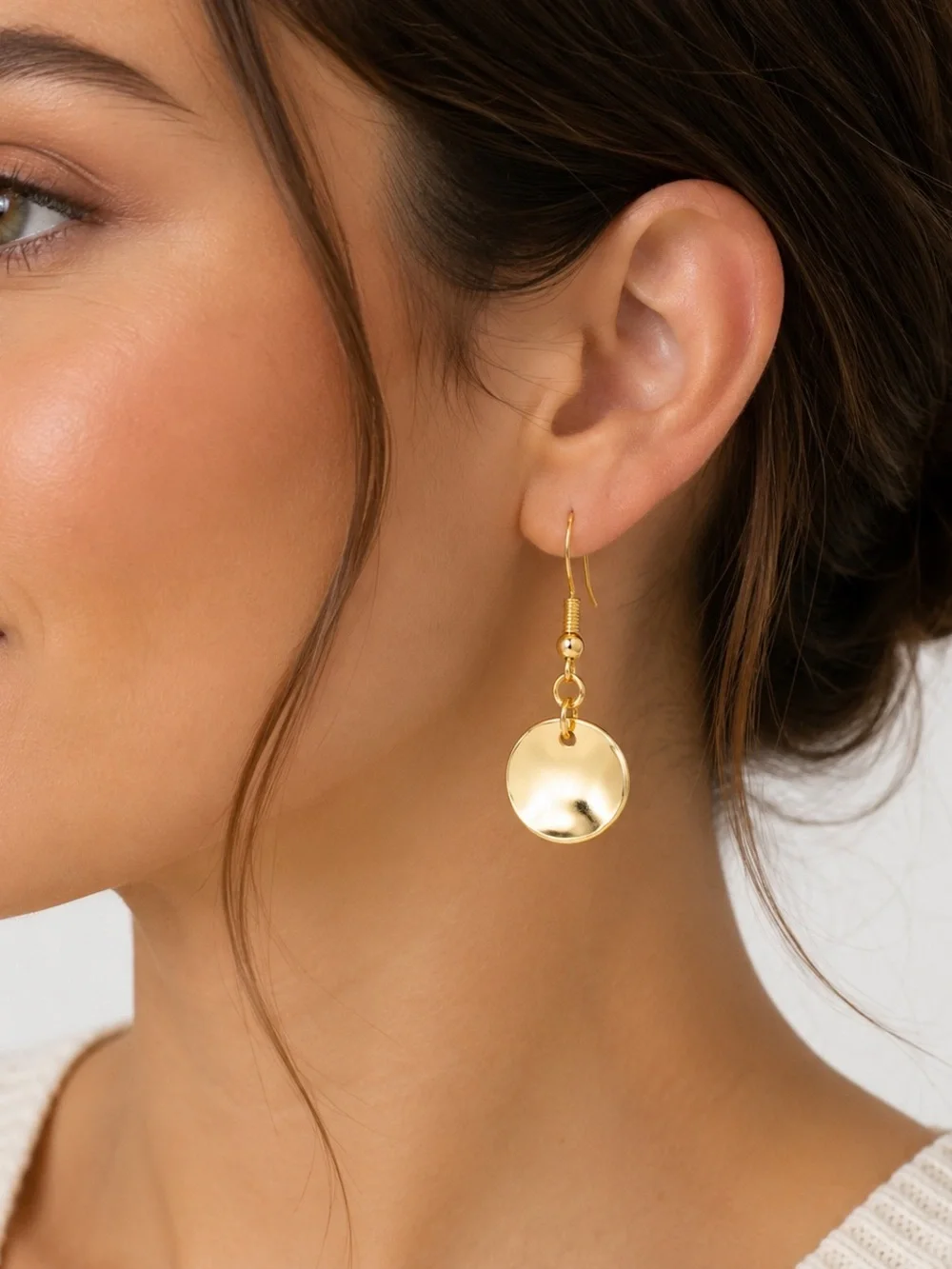 Gold Hammered Disc Dangle Earrings Minimalist Boho Lightweight Gold Tone Gift